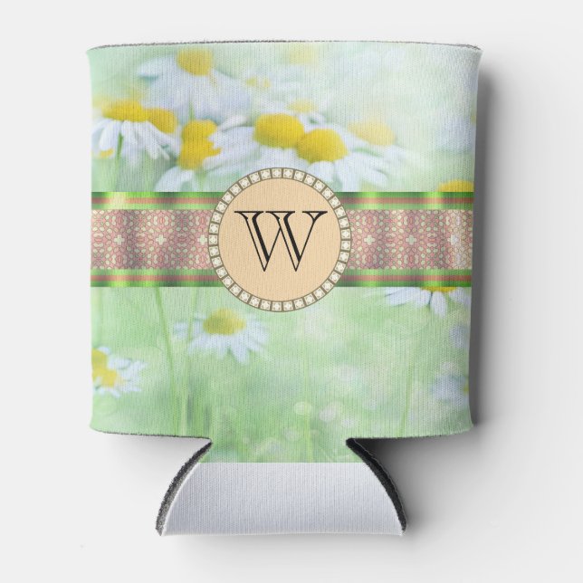 Enfriador De Latas Monograma de margarita blanca en pradera verde (Anverso)