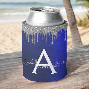 Enfriador De Latas Monograma de metal cepillado con brillo azul marin