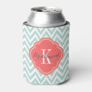 Enfriador De Latas Monograma de Mint y Coral Chevron
