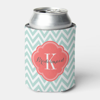 Enfriador De Latas Monograma de Mint y Coral Chevron