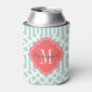 Enfriador De Latas Monograma de Mint y Coral Trellis