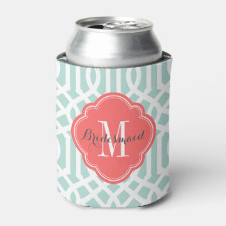 Enfriador De Latas Monograma de Mint y Coral Trellis