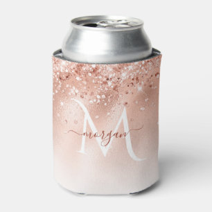 Enfriador De Latas Monograma de oro de Rosa Peach purpurina