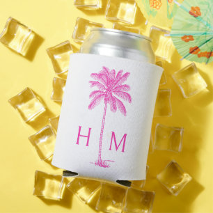 Enfriador De Latas Monograma de palmetto rosa y blanco
