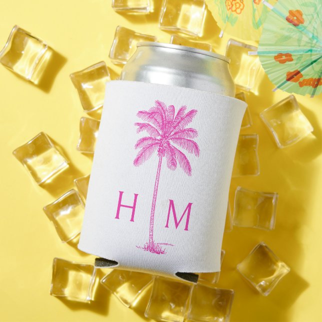 Enfriador De Latas Monograma de palmetto rosa y blanco (Verano in situ)
