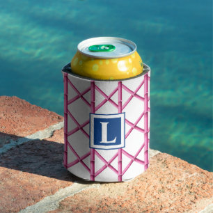 Enfriador De Latas Monograma de Patrón de Bambú de Enrejado Rosa Eleg