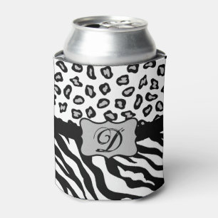 Enfriador De Latas Monograma de piel de leopardo de cebra blanca negr