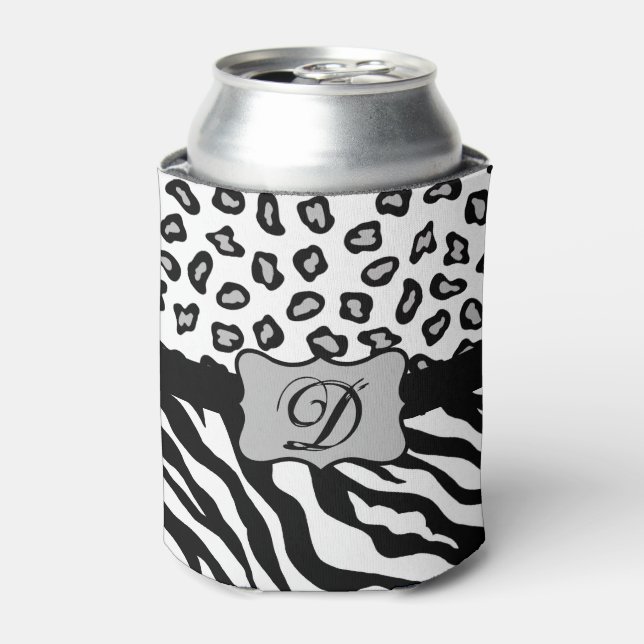 Enfriador De Latas Monograma de piel de leopardo de cebra blanca negr (Lata Anverso)