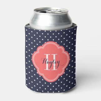 Enfriador De Latas Monograma de puntos de polka azul y coral de la ma