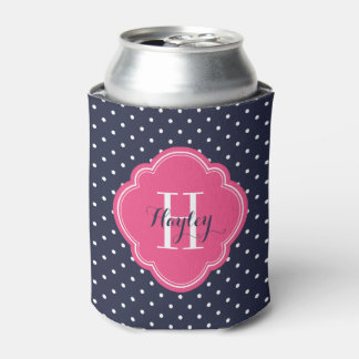 Enfriador De Latas Monograma de puntos de polka azul y rosa de la mar