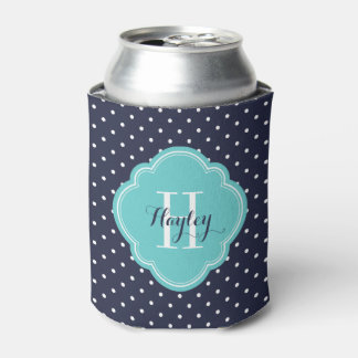 Enfriador De Latas Monograma de puntos de polka azul y turquesa de la