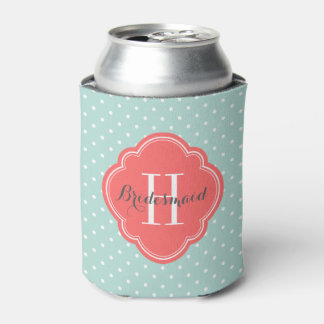 Enfriador De Latas Monograma de puntos de polka de menta y coral