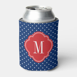 Enfriador De Latas Monograma de puntos de polka rojo blanco y azul