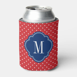 Enfriador De Latas Monograma de puntos de polka rojo blanco y azul