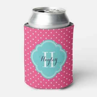 Enfriador De Latas Monograma de puntos de polka rosa caliente y turqu