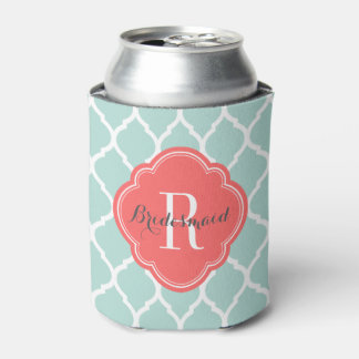 Enfriador De Latas Monograma de quatrefoil marroquí de menta y coral