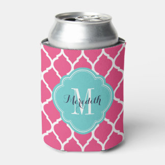 Enfriador De Latas Monograma de quatrefoil marroquí rosa y turquesa