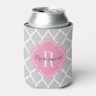 Enfriador De Latas Monograma de quatrefol marroquí gris y rosa