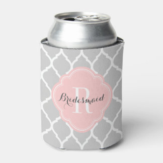 Enfriador De Latas Monograma de quatrefol marroquí gris y rosa
