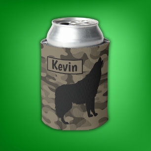 Enfriador De Latas Monograma de silueta de lobo negro marrón moderno 