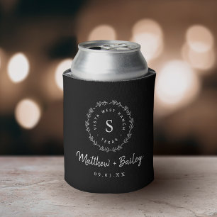 Enfriador De Latas Monograma del Boda de la guirnalda rusa   Negro