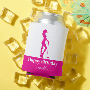 Enfriador De Latas Monograma del Chica de golf de cumpleaños Rosado
