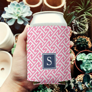 Enfriador De Latas Monograma del patrón de adormidera rosado y naval