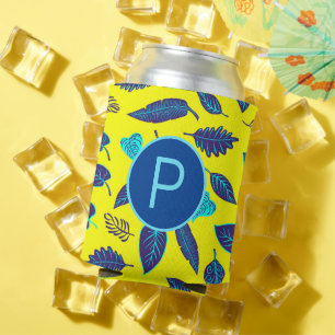 Enfriador De Latas Monograma del patrón de hoja tropical amarillo bri