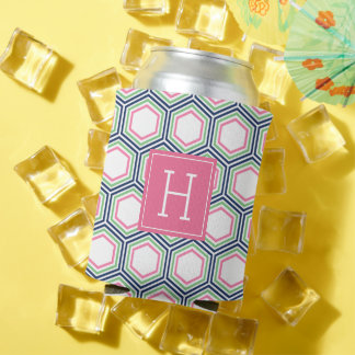 Enfriador De Latas Monograma del patrón de honeycomb azul verde y ros