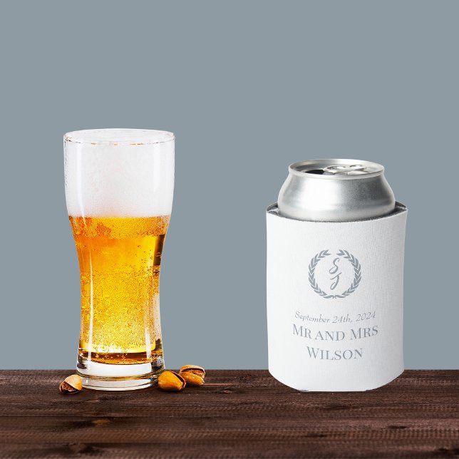 Enfriador De Latas Monograma elegante negro Boda blanco de flor (Subido por el creador)