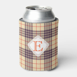 Enfriador De Latas Monograma, elegante tartán de sepia beige del cla