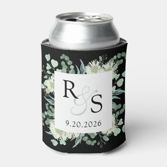 Enfriador De Latas Monograma Elegante Verdor Boda Negro (Lata Anverso)