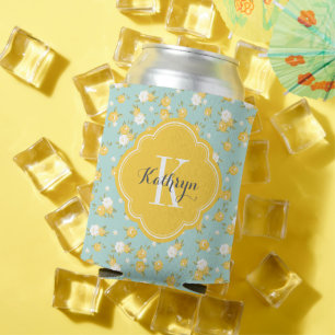 Enfriador De Latas Monograma floral amarillo y blanco y blanco