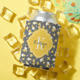 Enfriador De Latas Monograma floral amarillo y gris