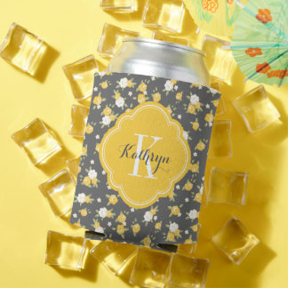 Enfriador De Latas Monograma floral amarillo y gris