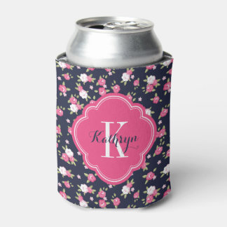 Enfriador De Latas Monograma floral blanco y rosa