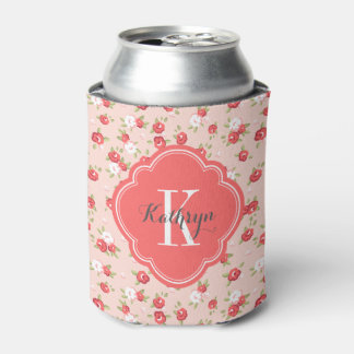 Enfriador De Latas Monograma floral de color coral y Rubor vintage