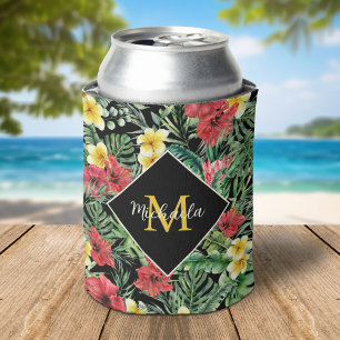 Enfriador De Latas Monograma floral tropical de acuarela
