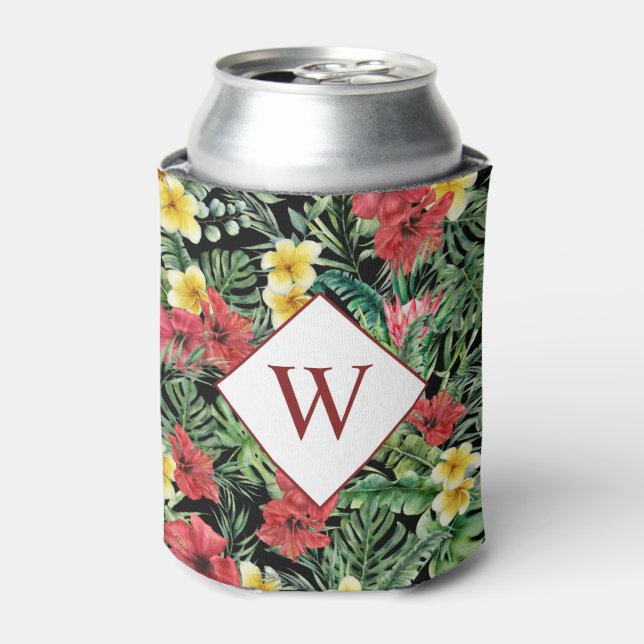 Enfriador De Latas Monograma floral tropical negro (Lata Anverso)