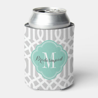 Enfriador De Latas Monograma Gris y Aqua Trellis