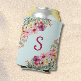 Enfriador De Latas Monograma Hibiscus Pink Flores Tropicales Florales