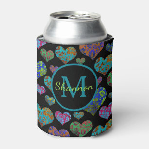 Enfriador De Latas Monograma inicial de nombre de patrón cardíaco flo