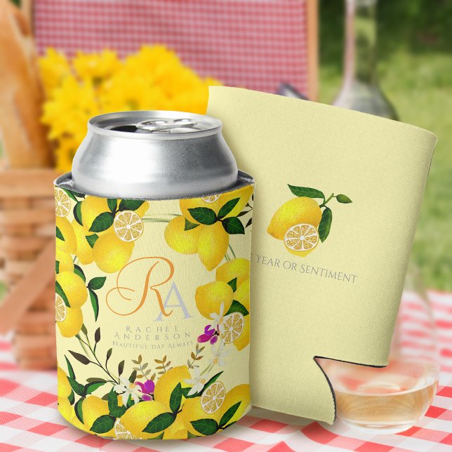 Enfriador De Latas Monograma limón amarillo (Lemon Monogram Yellow Can Cooler for friends or birthday)