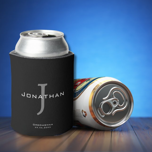 Enfriador De Latas Monograma Masculino Blanco y Negro + Nombre (Subido por el creador)