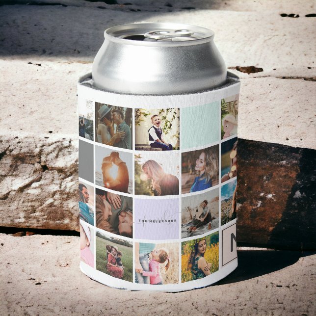 Enfriador De Latas Monograma moderno para tu familia 16 fotocollage (Modern monogram your family 16 photo collage grid can cooler)