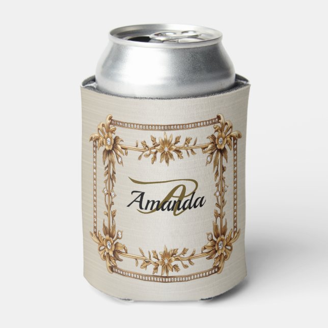 Enfriador De Latas Monograma Oro Rectángulo Ornato Dimond Flower Bril (Lata Anverso)