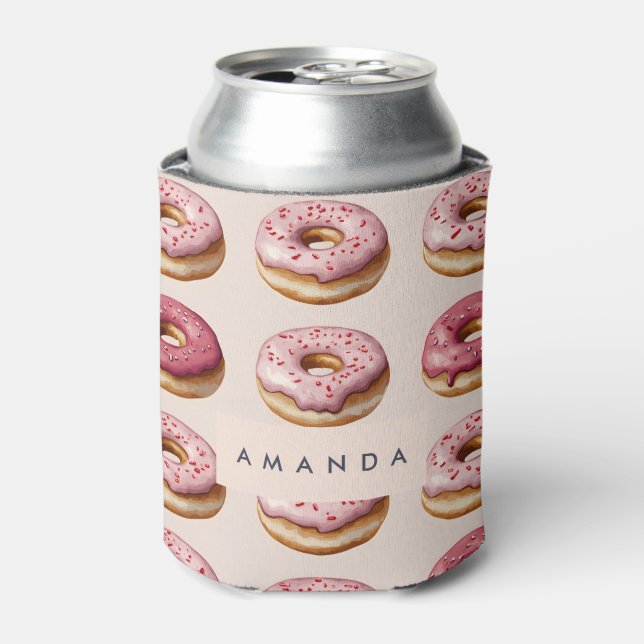 Enfriador De Latas Monograma Patrón de donut rosado personalizado (Lata Anverso)