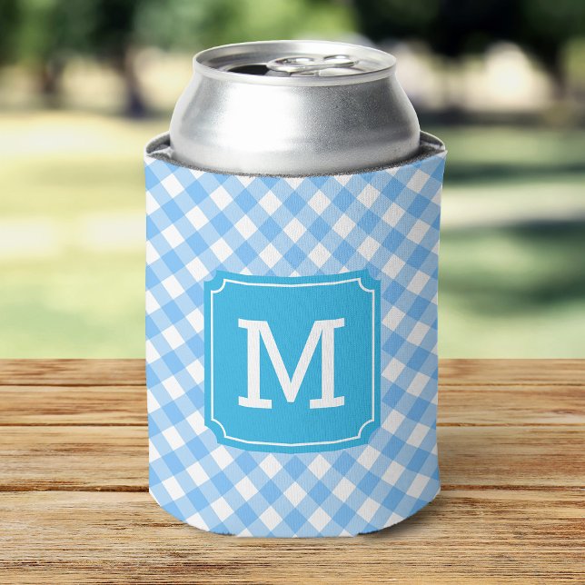 Enfriador De Latas Monograma personalizado de Baby Blue Gingham (Subido por el creador)