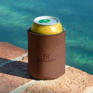 Enfriador De Latas Monograma Personalizado Marrón Cuero Falso Vintage