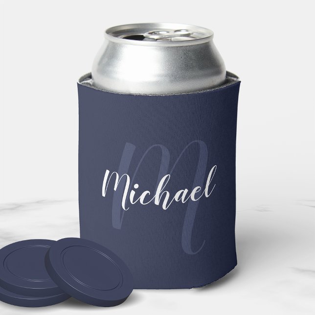 Enfriador De Latas Monograma personalizado moderno y nombre azul de l (Subido por el creador)